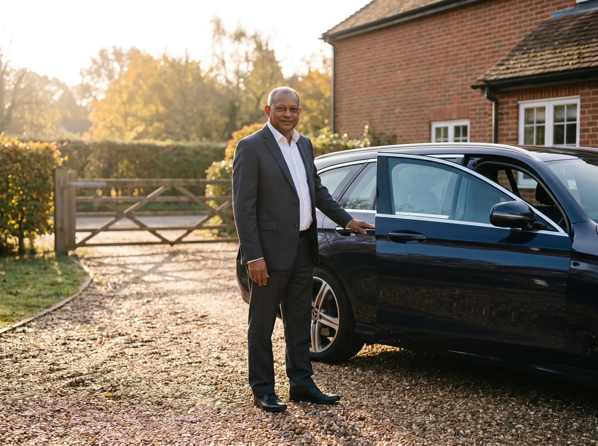 Cani Sebastian holding the rear door of the E-Class Estate on a Kent driveway in morning light