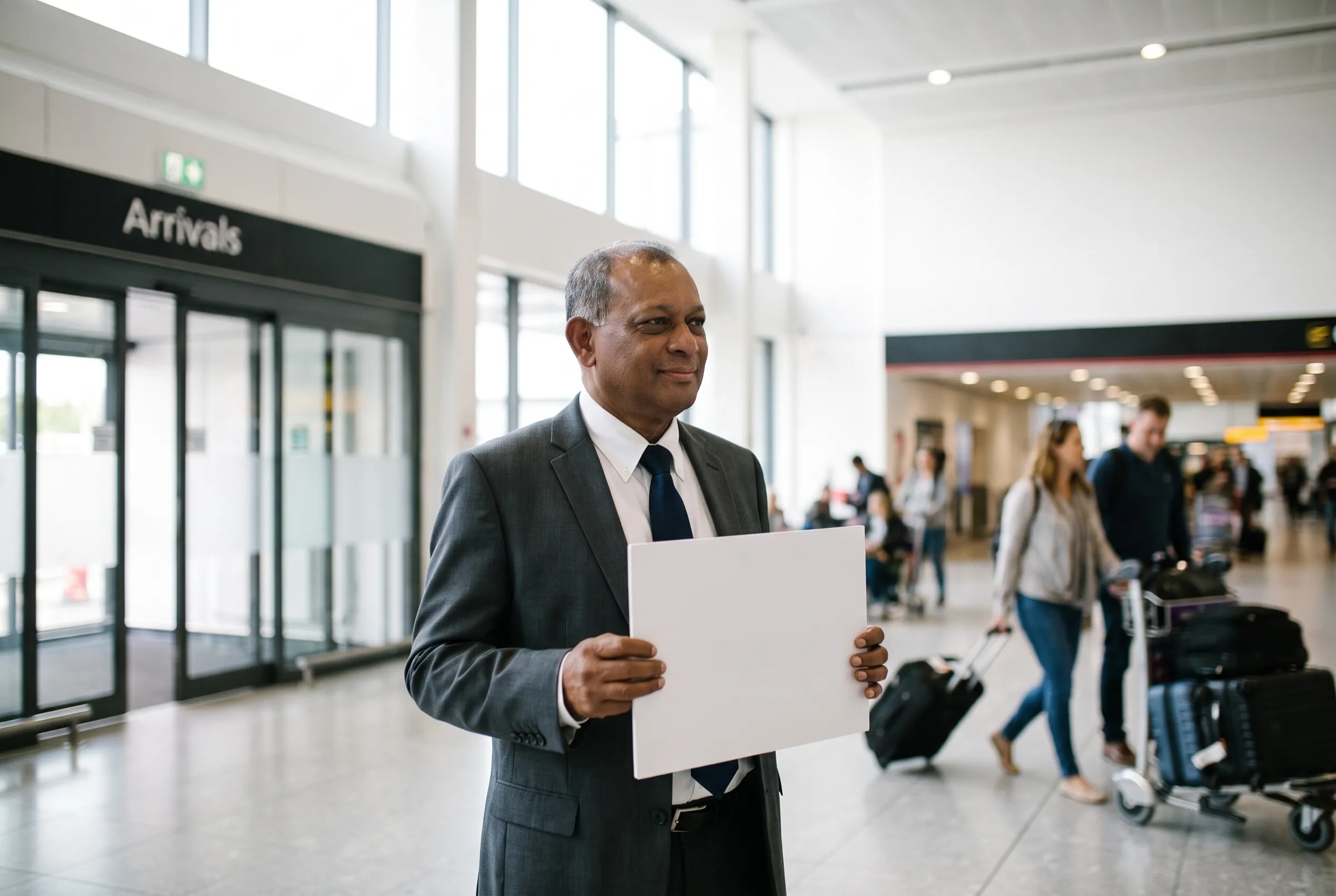 The driver waiting at the arrivals barrier with a name board