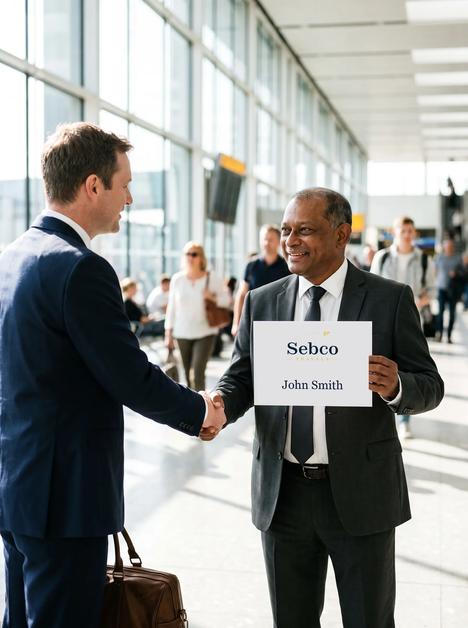 The driver greeting an arriving executive at the arrivals barrier