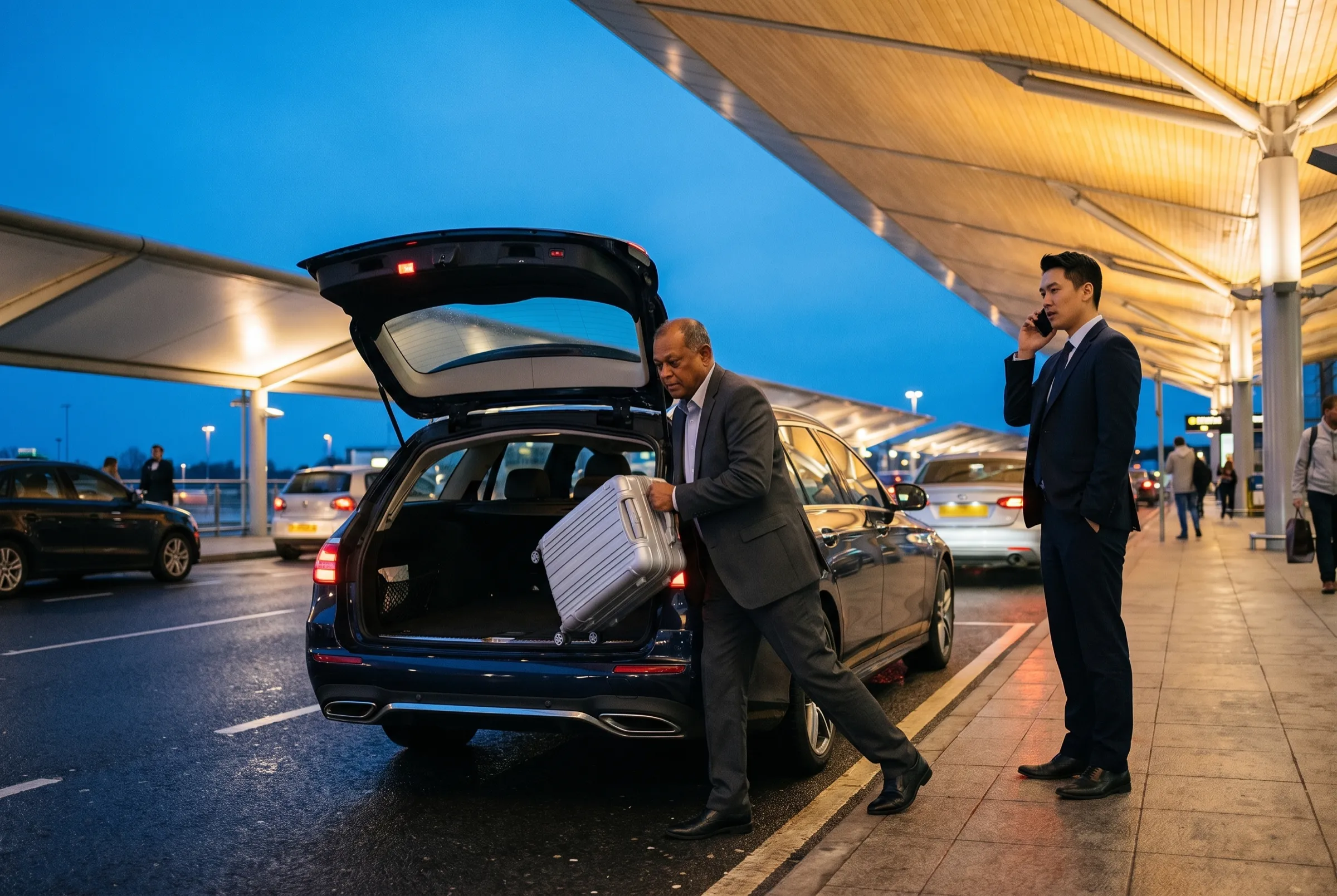 The driver loading a case into the E-Class at a terminal forecourt at blue hour