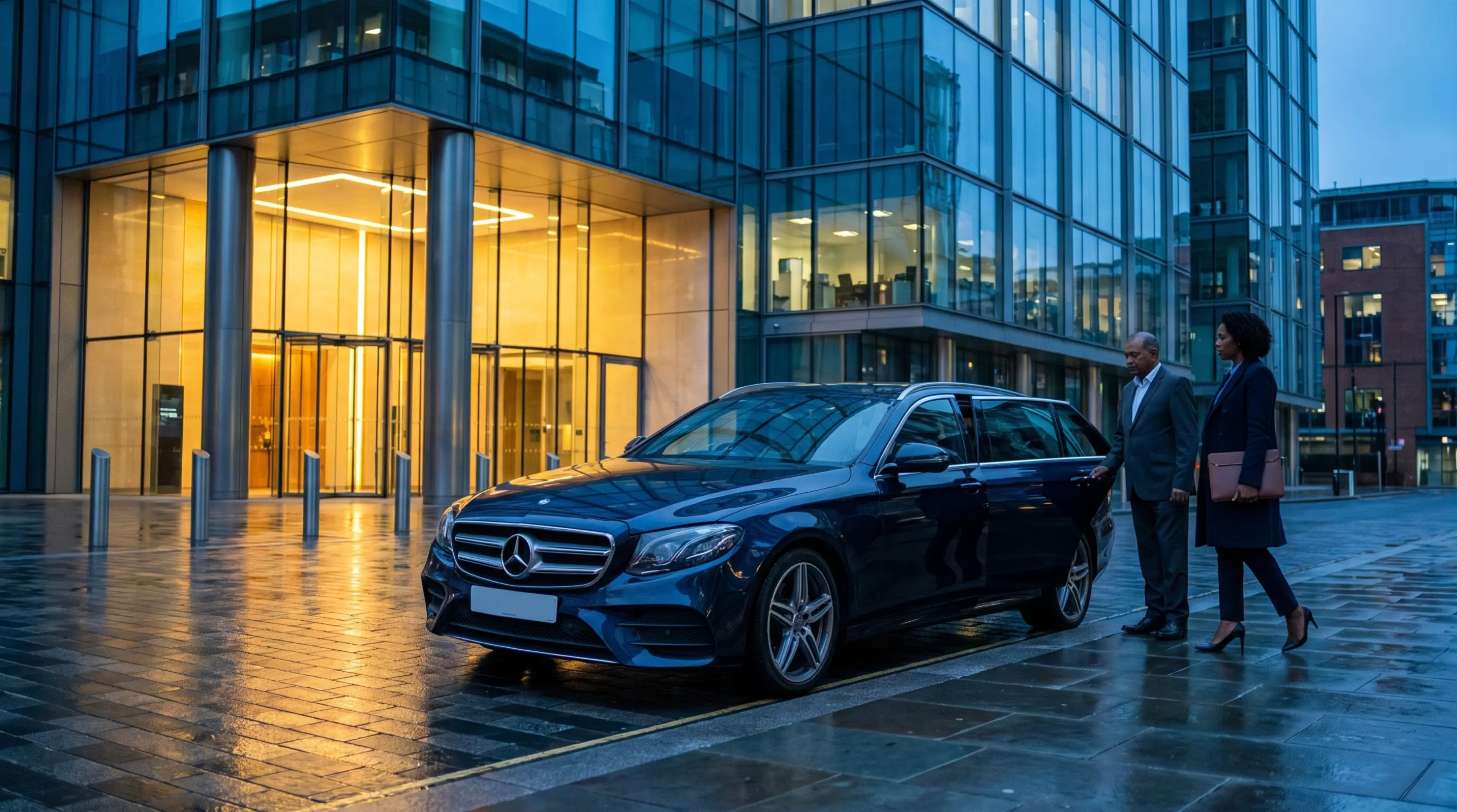 An executive walking to the E-Class Estate outside a glass office at blue hour, the driver holding the rear door