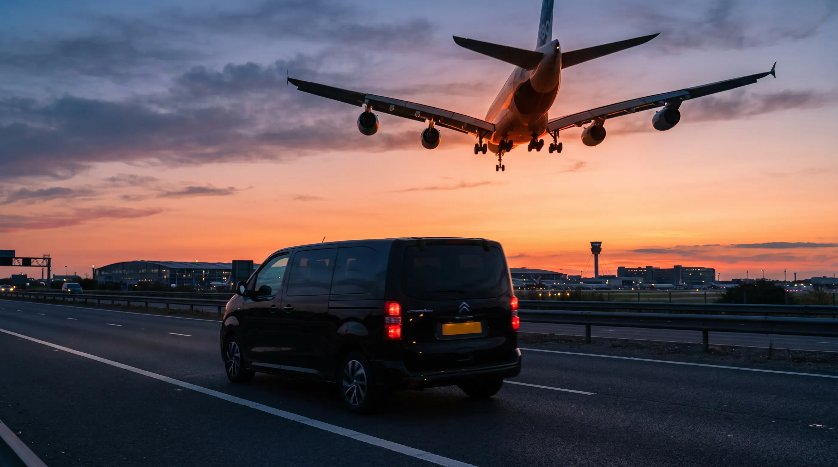 A black SpaceTourer on the road to Heathrow at sunset with an Airbus A380 on final approach overhead