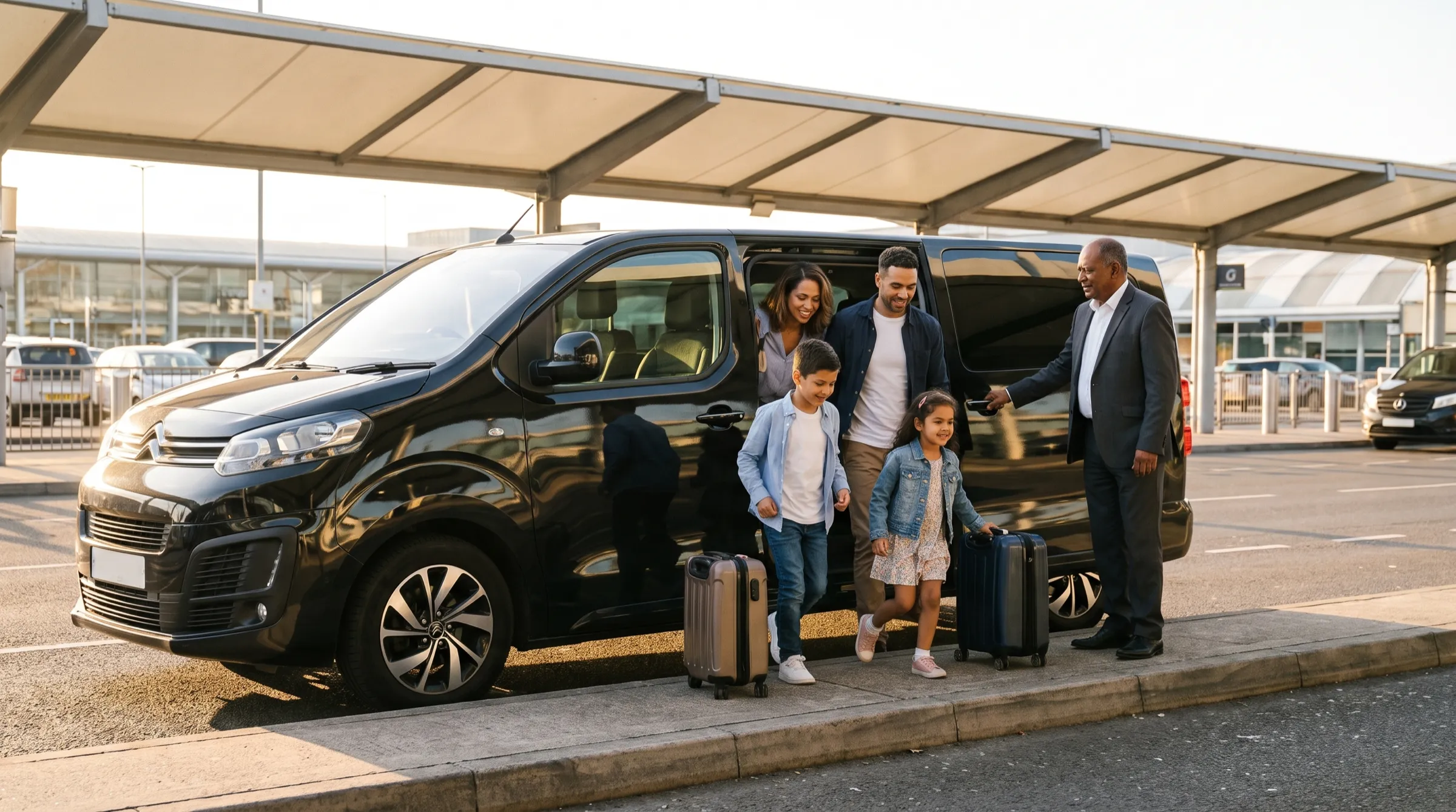 A family stepping out of the SpaceTourer at the terminal, the driver holding the door